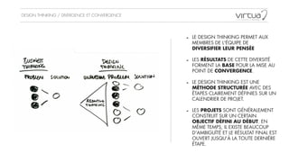DESIGN THINKING / DIVERGENCE ET CONVERGENCE
- LE DESIGN THINKING PERMET AUX
MEMBRES DE L'ÉQUIPE DE
DIVERSIFIER LEUR PENSÉE
!
- LES RÉSULTATS DE CETTE DIVERSITÉ
FORMENT LA BASE POUR LA MISE AU
POINT DE CONVERGENCE.
!
- LE DESIGN THINKING EST UNE
MÉTHODE STRUCTURÉE AVEC DES
ÉTAPES CLAIREMENT DÉFINIES SUR UN
CALENDRIER DE PROJET.
!
- LES PROJETS SONT GÉNÉRALEMENT
CONSTRUIT SUR UN CERTAIN
OBJECTIF DÉFINI AU DÉBUT. EN
MÊME TEMPS, IL EXISTE BEAUCOUP
D'AMBIGUÏTÉ ET LE RÉSULTAT FINAL EST
OUVERT JUSQU'À LA TOUTE DERNIÈRE
ÉTAPE.
 