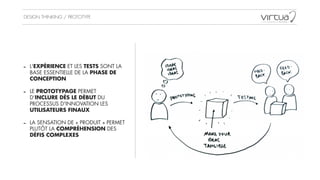 DESIGN THINKING / PROTOTYPE
- L'EXPÉRIENCE ET LES TESTS SONT LA
BASE ESSENTIELLE DE LA PHASE DE
CONCEPTION
!
- LE PROTOTYPAGE PERMET
D’INCLURE DÈS LE DÉBUT DU
PROCESSUS D'INNOVATION LES
UTILISATEURS FINAUX
!
- LA SENSATION DE « PRODUIT » PERMET
PLUTÔT LA COMPRÉHENSION DES
DÉFIS COMPLEXES
 