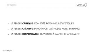 CONCLUSIONS
- LA PENSÉE CRITIQUE: CONSTATS RATIONNELS (STATISTIQUES)
!
- LA PENSÉE CRÉATIVE: INNOVATION (MÉTHODES AGILE, THINKING)
!
- LA PENSÉE RESPONSABLE: OUVERTURE À L’AUTRE, CHANGEMENT
Source: Wikipédia
 