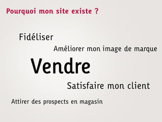 Pourquoi mon site existe ?


   Fidéliser
               Améliorer mon image de marque


       Vendre
                    Satisfaire mon client
 Attirer des prospects en magasin
 