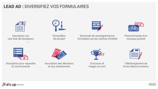 LEAD AD : DIVERSIFIEZ VOS FORMULAIRES
52
Inscription sur
une liste de donateurs
Échantillon
de produit
Demande de renseignements/
formulaire sur les centres d’intérêt
Précommande d’un
nouveau produit
Inscription pour rejoindre
la communauté
Inscription des électeurs
et aux évènements
Concours et
tirages au sort
Téléchargement de
livres blancs/contenu
 