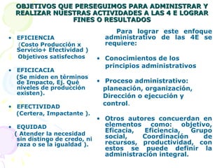 OBJETIVOS QUE PERSEGUIMOS PARA ADMINISTRAR Y REALIZAR NUESTRAS ACTIVIDADES A LAS 4 E   LOGRAR FINES O RESULTADOS EFICIENCIA ( Costo Producción x Servicio+ Efectividad ) Objetivos satisfechos EFICICACIA (Se miden en términos de Impacto, Ej. Qué niveles de producción existen). EFECTIVIDAD (Certera, Impactante ). EQUIDAD ( Atender la necesidad sin distingo de credo, ni raza o se la igualdad ). Para lograr este enfoque administrativo de las 4E se requiere: Conocimientos de los  principios administrativos Proceso administrativo: planeación, organización, Dirección o ejecución y  control . Otros autores concuerdan en elementos como: objetivo, Eficacia, Eficiencia, Grupo social, Coordinación de recursos, productividad, con estos se puede definir la administración integral. 