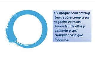 El Enfoque Lean Startup 
trata sobre como crear 
negocios exitosos. 
Aprender de ellos y 
aplicarlo a casi 
cualquier cosa que 
hagamos 
 