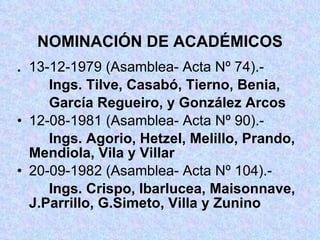NOMINACIÓN DE ACADÉMICOS .  13-12-1979 (Asamblea- Acta Nº 74).- Ings. Tilve, Casabó, Tierno, Benia, García Regueiro, y González Arcos 12-08-1981 (Asamblea- Acta Nº 90).- Ings. Agorio, Hetzel, Melillo, Prando,  Mendiola, Vila y Villar 20-09-1982 (Asamblea- Acta Nº 104).- Ings. Crispo, Ibarlucea, Maisonnave,  J.Parrillo, G.Simeto, Villa y Zunino 