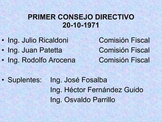 PRIMER CONSEJO DIRECTIVO 20-10-1971 Ing. Julio Ricaldoni Comisión Fiscal Ing. Juan Patetta Comisión Fiscal Ing. Rodolfo Arocena Comisión Fiscal Suplentes: Ing. José Fosalba Ing. Héctor Fernández Guido Ing. Osvaldo Parrillo 