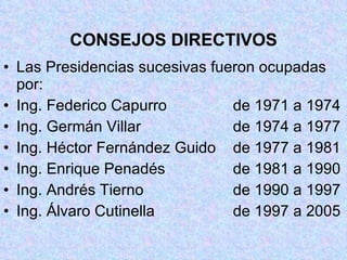 CONSEJOS DIRECTIVOS Las Presidencias sucesivas fueron ocupadas por: Ing. Federico Capurro   de 1971 a 1974 Ing. Germán Villar   de 1974 a 1977 Ing. Héctor Fernández Guido  de 1977 a 1981 Ing. Enrique Penadés   de 1981 a 1990 Ing. Andrés Tierno   de 1990 a 1997 Ing. Álvaro Cutinella   de 1997 a 2005 
