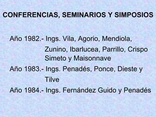 CONFERENCIAS, SEMINARIOS Y SIMPOSIOS Año 1982.- Ings. Vila, Agorio, Mendiola,   Zunino, Ibarlucea, Parrillo, Crispo    Simeto y Maisonnave Año 1983.- Ings. Penadés, Ponce, Dieste y   Tilve Año 1984.- Ings. Fernández Guido y Penadés 