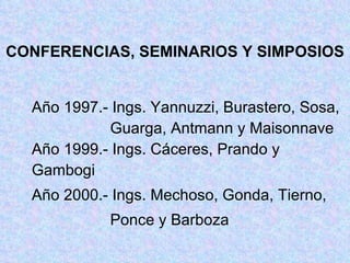 CONFERENCIAS, SEMINARIOS Y SIMPOSIOS Año 1997.- Ings. Yannuzzi, Burastero, Sosa,    Guarga, Antmann y Maisonnave Año 1999.- Ings. Cáceres, Prando y Gambogi Año 2000.- Ings. Mechoso, Gonda, Tierno,   Ponce y Barboza 