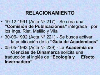 RELACIONAMIENTO 10-12-1991 (Acta Nº 217).- Se crea una  “Comisión de Publicaciones”  integrada  por los Ings. Riet, Melillo y Vila 30-06-1992 (Acta Nº 221).- Se busca activar  la publicación de la  “Guía de Académicos” . 05-05-1993 (Acta Nº 229).- La  Academia de  Ciencias de Dinamarca  solicita una  traducción al inglés de  “Ecología y  Efecto Invernadero” 