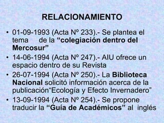RELACIONAMIENTO 01-09-1993 (Acta Nº 233).- Se plantea el tema  de la  “colegiación dentro del Mercosur” 14-06-1994 (Acta Nº 247).- AIU ofrece un  espacio dentro de su Revista 26-07-1994 (Acta Nº 250).- La  Biblioteca  Nacional  solicitó información acerca de la  publicación“Ecología y Efecto Invernadero” 13-09-1994 (Acta Nº 254).- Se propone  traducir la  “Guía de Académicos”  al  inglés 
