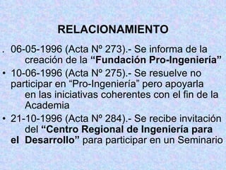RELACIONAMIENTO . 06-05-1996 (Acta Nº 273).- Se informa de la  creación de la  “Fundación Pro-Ingeniería” 10-06-1996 (Acta Nº 275).- Se resuelve no  participar en “Pro-Ingeniería” pero apoyarla  en las iniciativas coherentes con el fin de la  Academia 21-10-1996 (Acta Nº 284).- Se recibe invitación  del  “Centro Regional de Ingeniería para el  Desarrollo”  para participar en un Seminario 