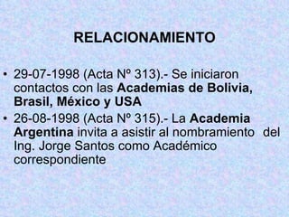 RELACIONAMIENTO 29-07-1998 (Acta Nº 313).- Se iniciaron  contactos con las  Academias de Bolivia,  Brasil, México y USA 26-08-1998 (Acta Nº 315).- La  Academia  Argentina  invita a asistir al nombramiento  del Ing. Jorge Santos como Académico  correspondiente 