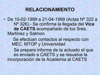 RELACIONAMIENTO De 10-02-1999 a 21-04-1999 (Actas Nº 322 a  Nº 326).- Se confirma la llegada del  Vice  de CAETS  acompañado de los Sres.  Martínez y Salmon   Se efectúan contactos al respecto con  MEC, MTOP y Universidad Se prepara informe de la actuado el que  es enviado a CAETS y se resuelve la  incorporación de la Academia al CAETS 