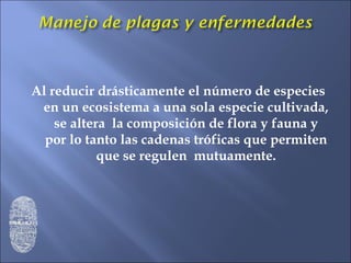 Al reducir drásticamente el número de especies en un ecosistema a una sola especie cultivada, se altera  la composición de flora y fauna y por lo tanto las cadenas tróficas que permiten que se regulen  mutuamente. 