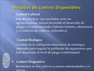 Control Cultural  Uso de  prácticas  que permiten crear un agroecosistema  menos favorable al desarrollo de plagas y/o enfermedades (laboreo mínimo, alternancia y/o rotación de cultivos, policultivo)   Control Biológico Consiste en la utilización intencional de enemigos naturales para regular la población de organismos que han alcanzado el nivel de plaga o enfermedad. Control filogenético Resistencia de los cultivos a ciertas enfermedades y/o plagas 