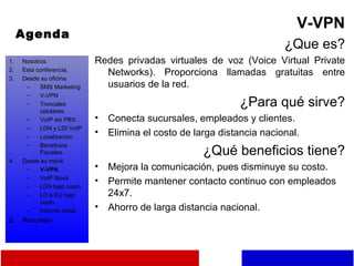 Agenda V-VPN ¿Que es? Redes privadas virtuales de voz (Voice Virtual Private Networks). Proporciona llamadas gratuitas entre usuarios de la red. ¿Para qué sirve? Conecta sucursales, empleados y clientes. Elimina el costo de larga distancia nacional. ¿Qué beneficios tiene? Mejora la comunicación, pues disminuye su costo. Permite mantener contacto continuo con empleados 24x7. Ahorro de larga distancia nacional. Nosotros. Esta conferencia. Desde su oficina. SMS Marketing V-VPN Troncales celulares. VoIP sin PBX.. LDN y LDI VoIP Localización. Beneficios Fiscales. Desde su móvil. V-VPN . VoIP Movil LDN bajo costo. LD a EU bajo costo. Internet móvil. Resumen 