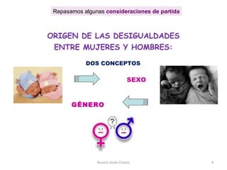 Rosario Asián Chaves 4
ORIGEN DE LAS DESIGUALDADES
ENTRE MUJERES Y HOMBRES:
DOS CONCEPTOS
SEXO
GÉNERO
Repasamos algunas consideraciones de partida
 