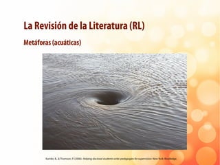 La Revisión de la Literatura (RL)
Metáforas (acuáticas)
Kamler, B., & Thomson, P. (2006). Helping doctoral students write:...