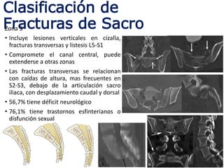 Clasificación de
Fracturas de SacroZona 3
• Incluye lesiones verticales en cizalla,
fracturas transversas y listesis L5-S1
• Compromete el canal central, puede
extenderse a otras zonas
• Las fracturas transversas se relacionan
con caídas de altura, mas frecuentes en
S2-S3, debajo de la articulación sacro
iliaca, con desplazamiento caudal y dorsal
• 56,7% tiene déficit neurológico
• 76,1% tiene trastornos esfinterianos o
disfunción sexual
 