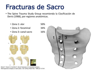 Fracturas de Sacro
• The Spine Trauma Study Group recomienda la Clasificación de
Denis (1988), por regiones anatómicas.
• Zona 1: alar 50%
• Zona 2: foraminal 34%
• Zona 3: canal sacro 16%
Denis F, Davis S, Comfort T. Sacral fractures: an important problem.
Retrospective analysis of 236 cases. Clin Orthop Relat Res. 1988;227: 67-81.
 
