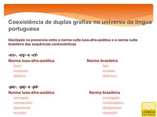 Coexistência de duplas grafias no universo da língua
portuguesa
Oscilação na pronúncia entre a norma culta luso-afro-asiática e a norma culta
brasileira das sequências consonânticas


-cc-, -cç- e -ct-
Norma luso-afro-asiática                      Norma brasileira
   facto                                                fato
   contactar                                            contatar
   defetivo                                             defectivo


-pc-, -pç- e -pt-
Norma luso-afro-asiática                        Norma brasileira
   conceção                                             concepção
   contracetivo                                         contraceptivo
   dececionar                                           decepcionar
   receção                                              recepção
 