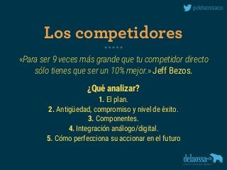 «Para ser 9 veces más grande que tu competidor directo 
sólo tienes que ser un 10% mejor.» Jeff Bezos.
¿Qué analizar?
1. El plan.
2. Antigüedad, compromiso y nivel de éxito.
3. Componentes.
4. Integración análogo/digital.
5. Cómo perfecciona su accionar en el futuro
Los competidores
 