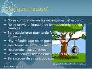 No se comprendieron las necesidades del usuario No se previó el impacto de los requerimientos de cambios Se descubrieron muy tarde falencias graves en el Proyecto Hay módulos que no se pueden integrar Interferencias entre los miembros del equipo No cumplen sus objetivos Se exceden considerablemente en el tiempo Se exceden de su presupuesto ¿Por qué fracasó? Lo que el cliente realmente necesitaba 