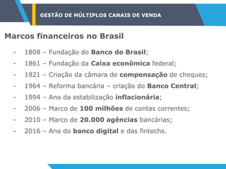 Marcos financeiros no Brasil
- 1808 – Fundação do Banco do Brasil;
- 1861 – Fundação da Caixa econômica federal;
- 1921 – Criação da câmara de compensação de cheques;
- 1964 – Reforma bancária – criação do Banco Central;
- 1994 – Ano da estabilização inflacionária;
- 2006 – Marco de 100 milhões de contas correntes;
- 2010 – Marco de 20.000 agências bancárias;
- 2016 – Ano do banco digital e das fintechs.
GESTÃO DE MÚLTIPLOS CANAIS DE VENDA
 