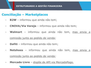 ESTRUTURANDO A GESTÃO FINANCEIRA
Conciliação – Marketplaces
- B2W – informou que ainda não tem;
- CNOVA/Via Varejo – informou que ainda não tem;
- Walmart – informou que ainda não tem, mas envia a
comissão junto ao pedido de venda;
- Dafiti – informou que ainda não tem;
- Netshoes – informou que ainda não tem, mas envia a
comissão junto ao pedido de venda;
- Mercado Livre – dispõe de API via MercadoPago.
 