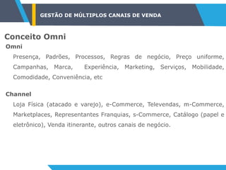 GESTÃO DE MÚLTIPLOS CANAIS DE VENDA
Conceito Omni
Omni
Presença, Padrões, Processos, Regras de negócio, Preço uniforme,
Campanhas, Marca, Experiência, Marketing, Serviços, Mobilidade,
Comodidade, Conveniência, etc
Channel
Loja Física (atacado e varejo), e-Commerce, Televendas, m-Commerce,
Marketplaces, Representantes Franquias, s-Commerce, Catálogo (papel e
eletrônico), Venda itinerante, outros canais de negócio.
 