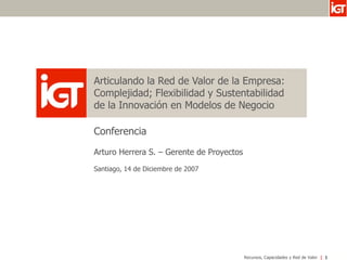 Articulando la Red de Valor de la Empresa:
Complejidad; Flexibilidad y Sustentabilidad
de la Innovación en Modelos de Negocio

Conferencia
Arturo Herrera S. – Gerente de Proyectos

Santiago, 14 de Diciembre de 2007




                                           Recursos, Capacidades y Red de Valor   1
 