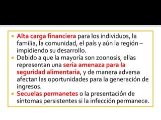  Alta carga financiera para los individuos, la
familia, la comunidad, el país y aún la región –
impidiendo su desarrollo.
 Debido a que la mayoría son zoonosis, ellas
representan una seria amenaza para la
seguridad alimentaria, y de manera adversa
afectan las oportunidades para la generación de
ingresos.
 Secuelas permanetes o la presentación de
síntomas persistentes si la infección permanece.
 