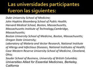 Duke University School of Medicine;
John Hopkins Bloomberg School of Public Health;
Harvard Medical School, Boston, Massachusetts,
Massachusetts Institute of Technology,Cambridge,
Massachusetts;
Boston University School of Medicine, Boston, Massachusetts;
Oregon State University;
Laboratory of Malaria and Vector Research, National Institute
of Allergy and Infectious Diseases, National Institutes of Health;
Case Western Reserve University School of Medicine, Cleveland,
Ohio;
Sauder School of Business, University of British Columbia;
Universities Allied for Essential Medicines, Berkeley,
California
 