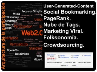 Arquitectura de la participación User-Generated-Content Social Bookmarking. PageRank. Nube de Tags. Marketing Viral. Folksonomía. C rowdsourcing.   
