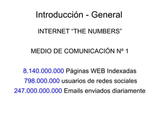 Introducción - General
       INTERNET “THE NUMBERS”


     MEDIO DE COMUNICACIÓN Nº 1


  8.140.000.000 Páginas WEB Indexadas
   798.000.000 usuarios de redes sociales
247.000.000.000 Emails enviados diariamente
 