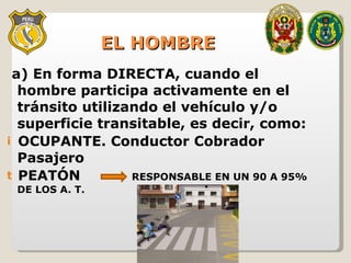 EL HOMBRE a) En forma DIRECTA, cuando el hombre participa activamente en el tránsito utilizando el vehículo y/o superficie transitable, es decir, como:  OCUPANTE. Conductor Cobrador Pasajero PEATÓN  RESPONSABLE EN UN 90 A 95% DE LOS A. T. 