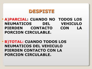 DESPISTE A)PARCIAL : CUANDO NO  TODOS LOS NEUMATICOS DEL VEHICULO PIERDEN CONTACTO CON LA PORCION CIRCULABLE. B)TOTAL:  CUANDO TODOS LOS NEUMATICOS DEL VEHICULO PIERDEN CONTACTO CON LA PORCION CIRCULABLE. 