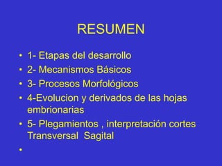 RESUMEN
• 1- Etapas del desarrollo
• 2- Mecanismos Básicos
• 3- Procesos Morfológicos
• 4-Evolucion y derivados de las hojas
embrionarias
• 5- Plegamientos , interpretación cortes
Transversal Sagital
•
 