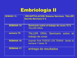 Embriología II
SEMANA 13: RECAPITULACION Sistema Nervioso. TALLER
Escrito Nervioso 5 %
SEMANA 14: Seminario sobre el trabajo de curso 15 %
TALLER ORAL
semana 15: TALLER ORAL Seminario sobre el
trabajo de curso
SEMANA 16: examen final TODOS LOS TEMAS desde la
semana 1 hasta 16
SEMANA 17: entrega de resultados
 