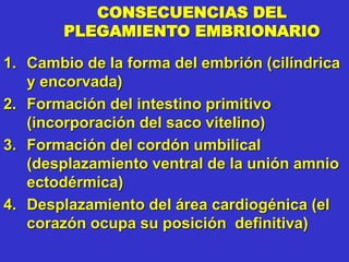 CONSECUENCIAS DEL
PLEGAMIENTO EMBRIONARIO
1. Cambio de la forma del embrión (cilíndrica
y encorvada)
2. Formación del intestino primitivo
(incorporación del saco vitelino)
3. Formación del cordón umbilical
(desplazamiento ventral de la unión amnio
ectodérmica)
4. Desplazamiento del área cardiogénica (el
corazón ocupa su posición definitiva)
 