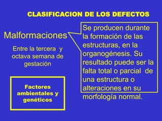Malformaciones
CLASIFICACION DE LOS DEFECTOS
Se producen durante
la formación de las
estructuras, en la
organogénesis. Su
resultado puede ser la
falta total o parcial de
una estructura o
alteraciones en su
morfología normal.
Entre la tercera y
octava semana de
gestación
Factores
ambientales y
genéticos
 