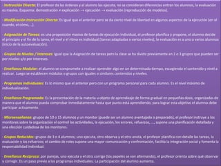 ·  Instrucción Directa :  El profesor da las órdenes y el alumno las ejecuta, no se consideran diferencias entren los alumnos, la evaluación es masiva. Esquema: demostración    explicación    ejecución    evaluación (reproducción de modelos). ·  Modificación Instrucción Directa :  Es igual que el anterior pero se da cierto nivel de libertad en algunos aspectos de la ejecución (en el cuando, el cómo, ..). ·  Asignación de Tareas :  es una proposición masiva de tareas de ejecución individual, el profesor planifica y propone, el alumno decide el principio y el fin de la tarea, el nivel y el ritmo es individual (tareas adaptadas a varios niveles), la evaluación es a uno o varios alumnos (inicio de la autoevaluación). ·  Grupos de Niveles / Intereses :  Igual que la Asignación de tareas pero la clase se ha divido previamente en 2 o 3 grupos que pueden ser por niveles y/o por intereses. ·  Enseñanza   Modular :  el alumno se compromete a realizar-aprender algo en un determinado tiempo, escogiendo el contenido y nivel a realizar. Luego se establecen módulos o grupos con iguales o similares contenidos y niveles. ·  Programas Individuales :  Es lo mismo que el anterior pero con un programa personal para cada alumno. Es el nivel máximo de individualización. ·  Enseñanza Programada :  Es la presentación de la materia u objeto de aprendizaje de forma gradual en pequeñas dosis, organizadas de manera que el alumno pueda comprobar inmediatamente hasta que punto está aprendiendo; para lograr esta objetivo el alumno debe participar activamente. ·  Microenseñanza :  grupos de 10 o 15 alumnos y un monitor (puede ser un alumno aventajado o preparado), el profesor instruye a los monitores sobre la organización el control las actividades, la ejecución, los errores, refuerzos, ..., supone una planificación detallada y una elección cuidadosa de los monitores. ·  Grupos Reducidos :  grupos de 3 o 4 alumnos; uno ejecuta, otro observa y el otro anota, el profesor planifica con detalle las tareas, la evaluación y los refuerzos; el cambio de roles supone una mayor comunicación y confrontación, facilita la integración social y fomenta la responsabilidad individual. ·  Enseñanza Recíproca :  por parejas, uno ejecuta y el otro corrige (los papeles se van alternando), el profesor orienta sobre qué observar y corregir. Es un paso previo a los programas individuales. La participación del alumno aumenta. 
