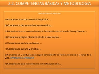2.2. COMPETENCIAS BÁSICAS Y METODOLOGÍA COMPETENCIAS BÁSICAS: a) Competencia en comunicación lingüística, … b) Competencia de razonamiento matemático,... c) Competencia en el conocimiento y la interacción con el mundo físico y Natural,... d) Competencia digital y tratamiento de la información,... e) Competencia social y ciudadana, ...   f) Competencia cultural y artística, ... g) Competencia y actitudes para seguir aprendiendo de forma autónoma a lo largo de la vida.  APRENDER A APRENDER h) Competencia para la autonomía e iniciativa personal, ... 