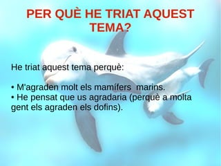PER QUÈ HE TRIAT AQUEST
TEMA?
He triat aquest tema perquè:
● M'agraden molt els mamífers marins.
● He pensat que us agradaria (perquè a molta
gent els agraden els dofins).
 
