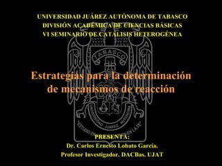 UNIVERSIDAD JUÁREZ AUTÓNOMA DE TABASCO
  DIVISIÓN ACADÉMICA DE CIENCIAS BÁSICAS
  VI SEMINARIO DE CATÁLISIS HETEROGÉNEA




Estrategias para la determinación
   de mecanismos de reacción



                   PRESENTA:
         Dr. Carlos Ernesto Lobato García.
       Profesor Investigador. DACBas. UJAT
 