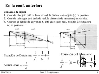 En la conf. anterior:
28/07/2023 Conf. 3 El ojo humano 3
Convenio de signo:
1. Cuando el objeto está en lado virtual, la distancia de objeto (o) es positiva.
2. Cuando la imagen está en lado real, la distancia de imagen (i) es positiva.
3. Cuando el centro de curvatura C está en el lado real, el radio de curvatura
(r) es positivo.
1 1 1
f o i
 
Ecuación de Descartes:
i
m
o
 
Aumento:
1
1
1 1
1 2
f
n
r r
  
F
H
G I
K
J
( )
Ecuación del fabricante
 
