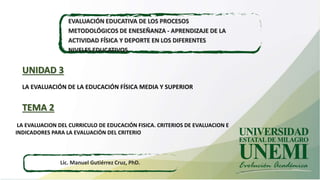 EVALUACIÓN EDUCATIVA DE LOS PROCESOS
METODOLÓGICOS DE ENESEÑANZA - APRENDIZAJE DE LA
ACTIVIDAD FÍSICA Y DEPORTE EN LOS DIFERENTES
NIVELES EDUCATIVOS
Lic. Manuel Gutiérrez Cruz, PhD.
UNIDAD 3
TEMA 2
LA EVALUACIÓN DE LA EDUCACIÓN FÍSICA MEDIA Y SUPERIOR
LA EVALUACION DEL CURRICULO DE EDUCACIÓN FISICA. CRITERIOS DE EVALUACION E
INDICADORES PARA LA EVALUACIÓN DEL CRITERIO
 