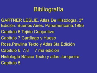 Bibliografía
GARTNER LESLIE. Atlas De Histología. 3ª
Edición. Buenos Aires. Panamericana.1995
Capitulo 6 Tejido Conjuntivo
Capitulo 7 Cartílago y Hueso
Ross.Pawlina Texto y Atlas 6ta Edición
Capitulo 6, 7,8 7 ma edicion
Histología Básica Texto y atlas Junqueira
Capitulo 5
 