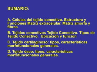 SUMARIO:
A. Células del tejido conectivo. Estructura y
Funciones Matriz extracelular. Matriz amorfa y
fibras
B. Tejidos conectivos Tejido Conectivo. Tipos de
Tejido Conectivo. Ubicación y función
C. Tejido cartilaginoso: tipos, características
morfofuncionales generales.
D. Tejido óseo: tipos, características
morfofuncionales generales.
 