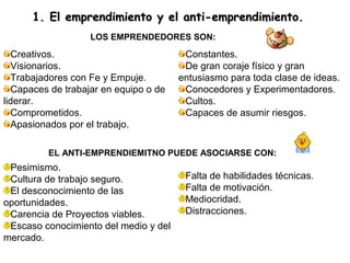 1. El emprendimiento y el anti-emprendimiento.
                   LOS EMPRENDEDORES SON:

  Creativos.                            Constantes.
  Visionarios.                          De gran coraje físico y gran
  Trabajadores con Fe y Empuje.        entusiasmo para toda clase de ideas.
  Capaces de trabajar en equipo o de    Conocedores y Experimentadores.
liderar.                                Cultos.
  Comprometidos.                        Capaces de asumir riesgos.
  Apasionados por el trabajo.

          EL ANTI-EMPRENDIEMITNO PUEDE ASOCIARSE CON:
 Pesimismo.
 Cultura de trabajo seguro.             Falta de habilidades técnicas.
 El desconocimiento de las              Falta de motivación.
oportunidades.                          Mediocridad.
 Carencia de Proyectos viables.         Distracciones.
 Escaso conocimiento del medio y del
mercado.
 